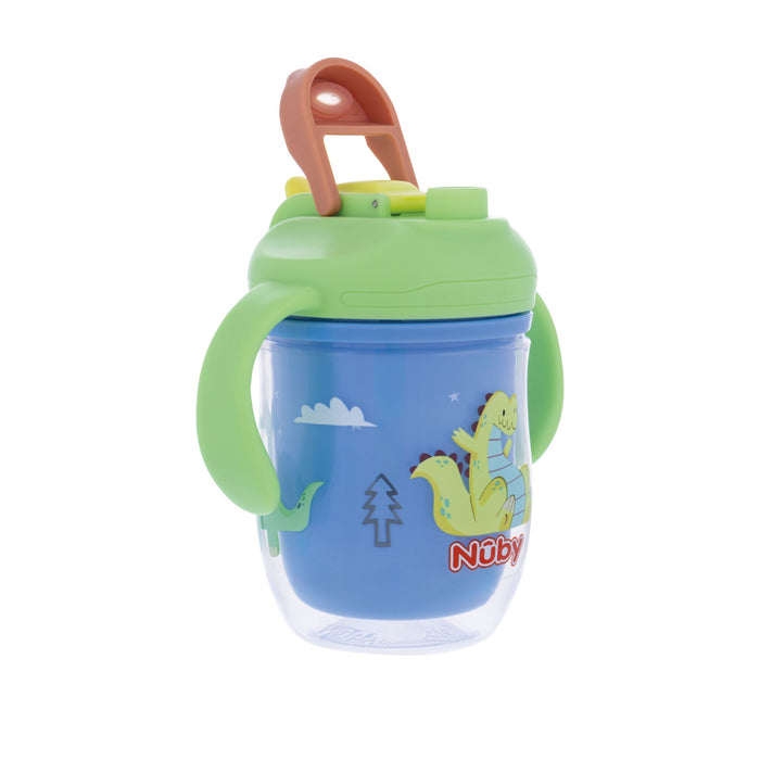 The Nuby 2-in-1 Insulated Toddler Cup | Dinosaurs features blue insulation, green handles, a dino and cloud design, an orange-green flip-top lid with carrying handle, and a 360° weighted straw for easy sipping from any angle.