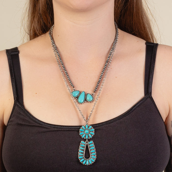 92239 - Layered Squash Blossom Necklace - Turquoise & Silver