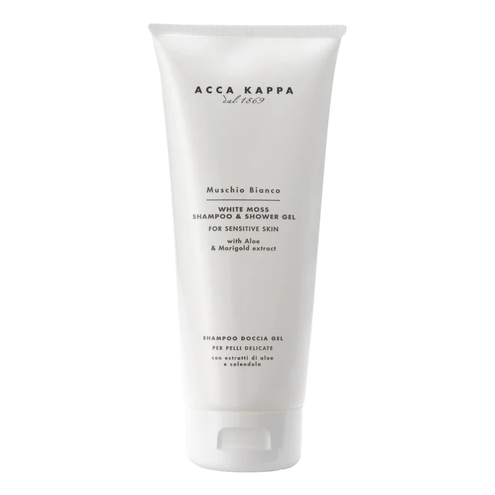Acca Kappa White Moss sjampo og dusjgelé i hvit flaske med aloe vera og ringblomst for sensitiv hud