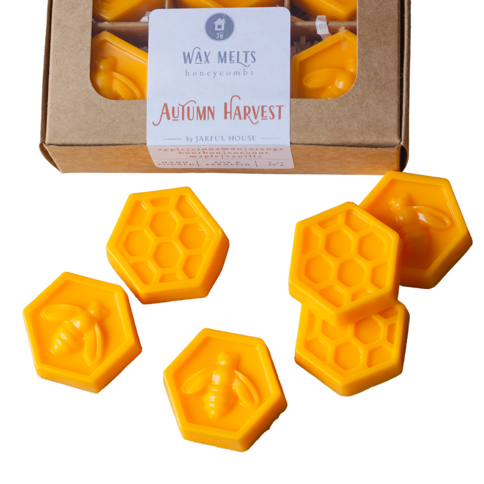 Autumn Harvest Wax Melts - Honeycomb Shaped Set of 6 | Apple, Orange, Cinnamon, Bourbon, Coconut, Butter, Vanilla, Maple Scents | Packed in Kraft Box - Jarful House
