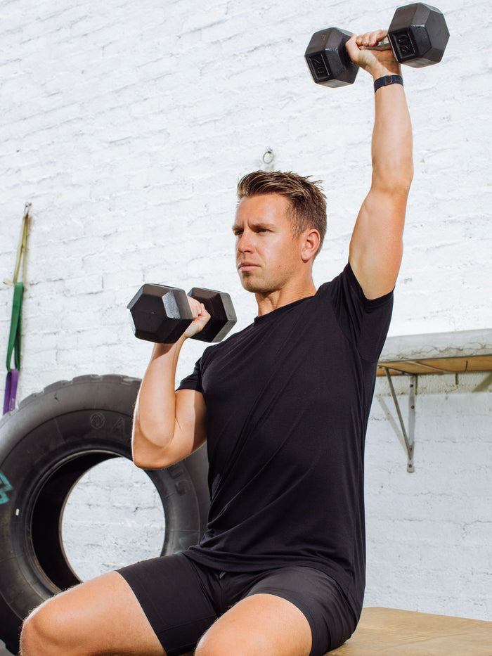 Brad is 5'9", 170LBS and wears a size M # Black Performance Crew Neck Tee | Basic Workout Pack | Fresh Clean Threads