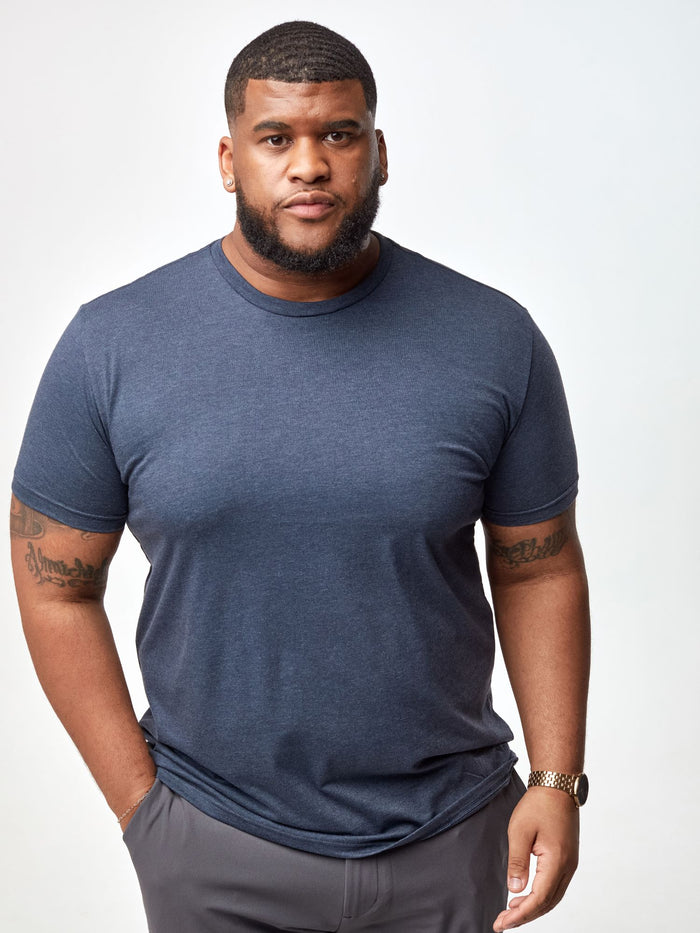 Steven is 6', 275lbs and wears a size 3xl # Men's Navy Crew Neck Tee | Lifestyle Size 3XL Model