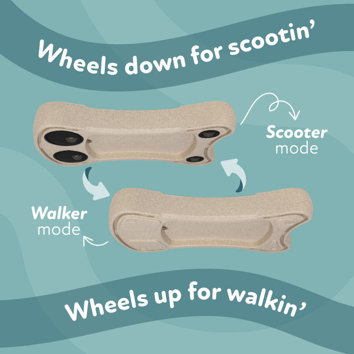 The Boogie Buggy | Beige 3-in-1 scooter and toddler walker is shown in Scooter mode (wheels down) and Walker mode (wheels up) on a blue background with the caption: Wheels down for scootin’, Wheels up for walkin’.