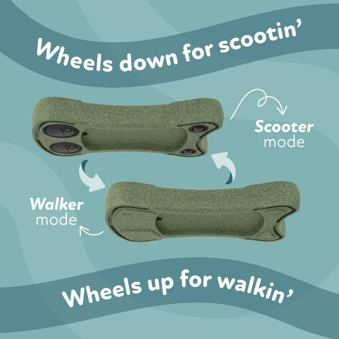 Two green Boogie Buggy | Sage devices are shown: one as a toddler walker with wheels up (Walker mode), one as a scooter with wheels down (Scooter mode). Text: "Wheels down for scootin’, Wheels up for walkin’" on a blue wavy background.