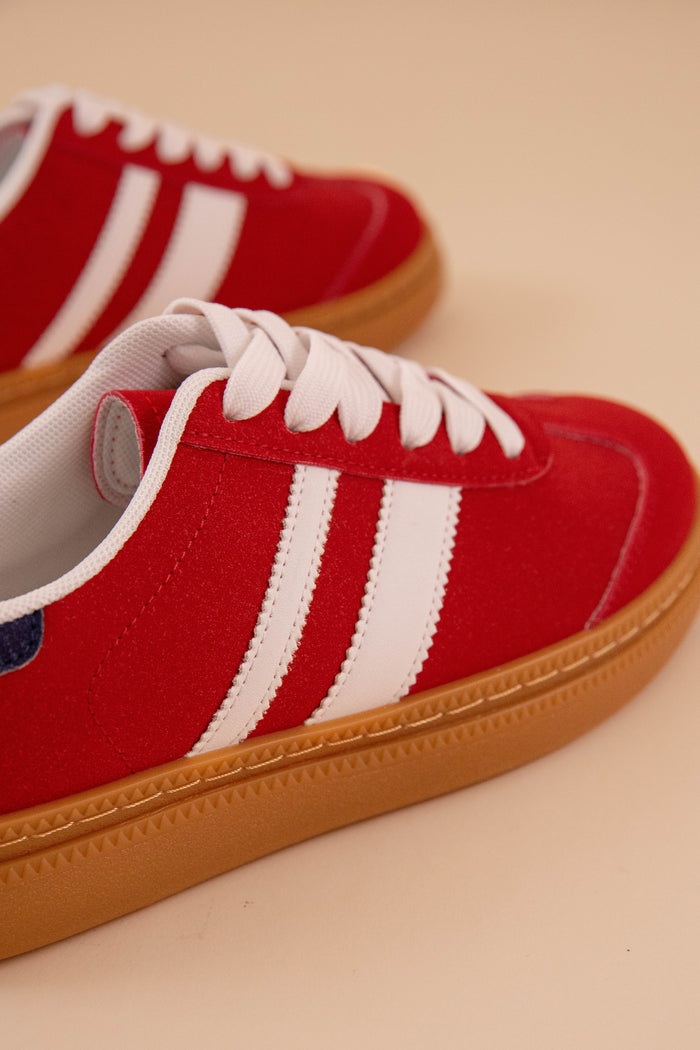 Women's Red Sneakers- Red Sneakers with White Stripes- ARider Girl Sneakers