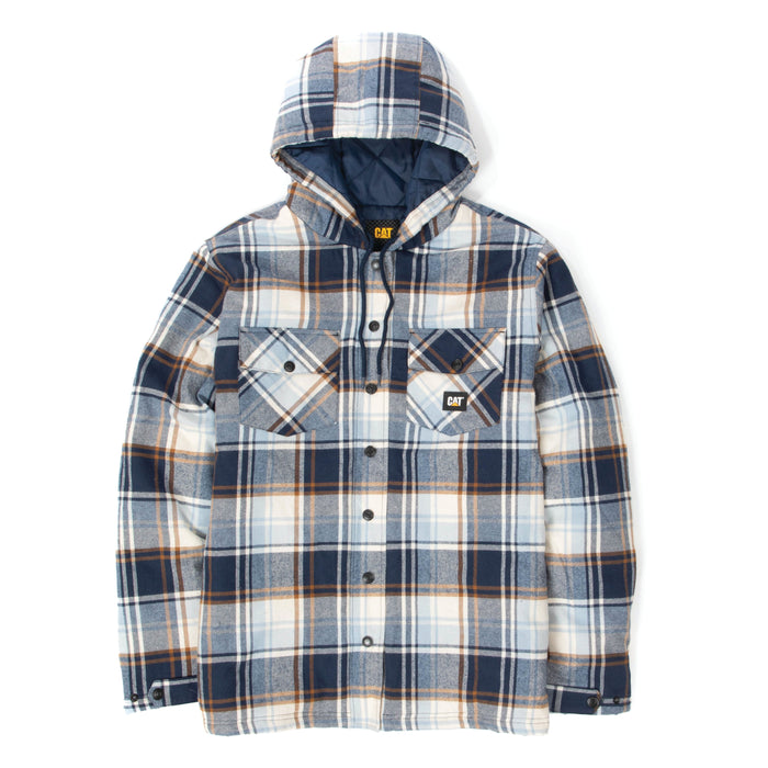 CAT Men's Hooded Flannel Snap-Front Shirt Jacket Long Sleeve T-Shirts CAT Detroit Blue-Blue Fog 2XL Reg