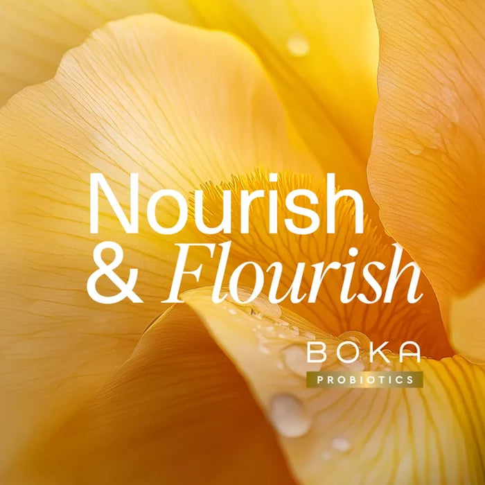 Close-up of a yellow flower with 'Nourish & Flourish' text and Boka Probiotics logo.
