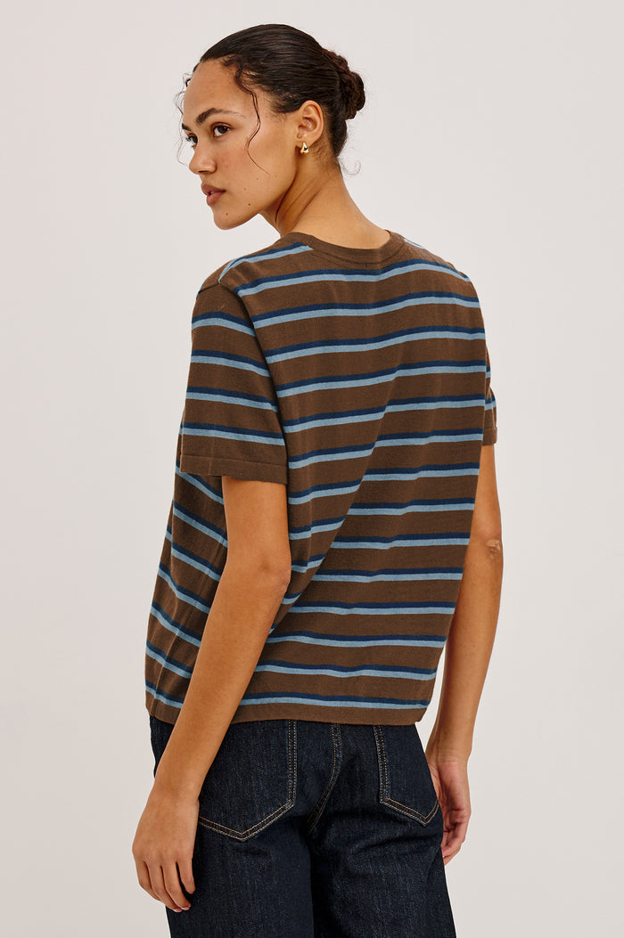 Davie Top in Cotton-Cashmere Blend With Slim Fit, Ribbed Crew Neck, Cuffs, and Hem, and Long Sleeves in Mocha Stripe Colorway - Upper Body Back View Featured on Model