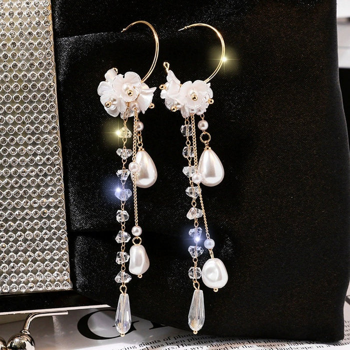 E1588 - Elegant Pearl Drop Long Earrings