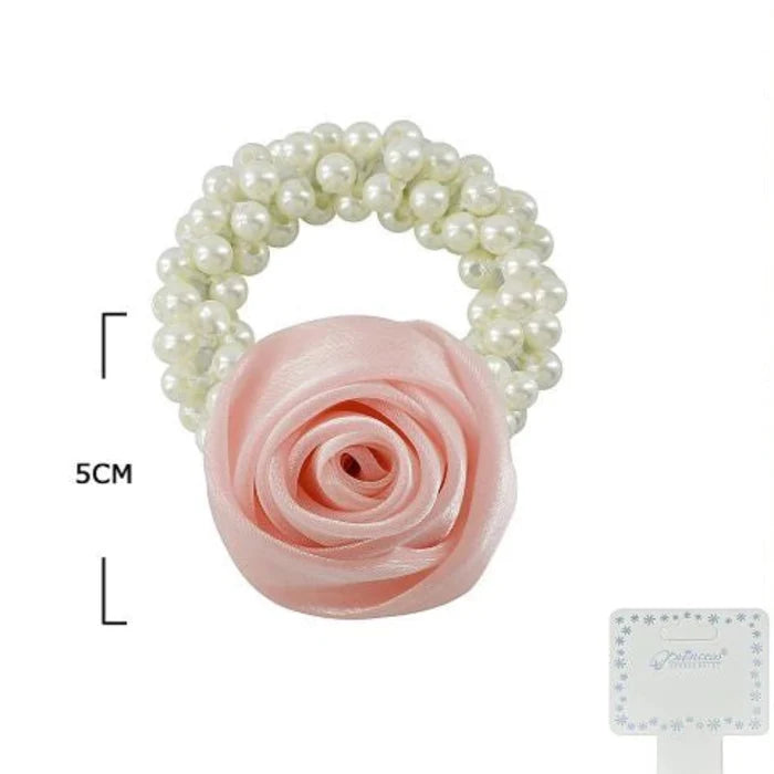 Elegant Satin Rose & Pearl Elastic Hair Scrunchie - Romantic Floral Wristlet (RB-51265M)