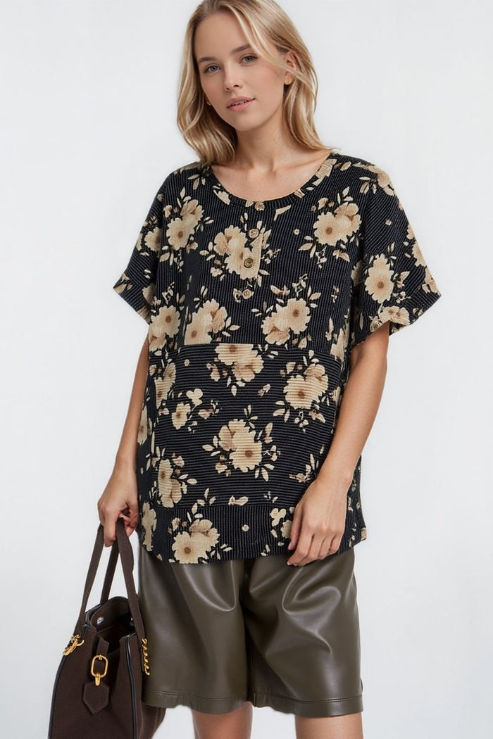 Enchanted Evening Black Floral Ribbed Top