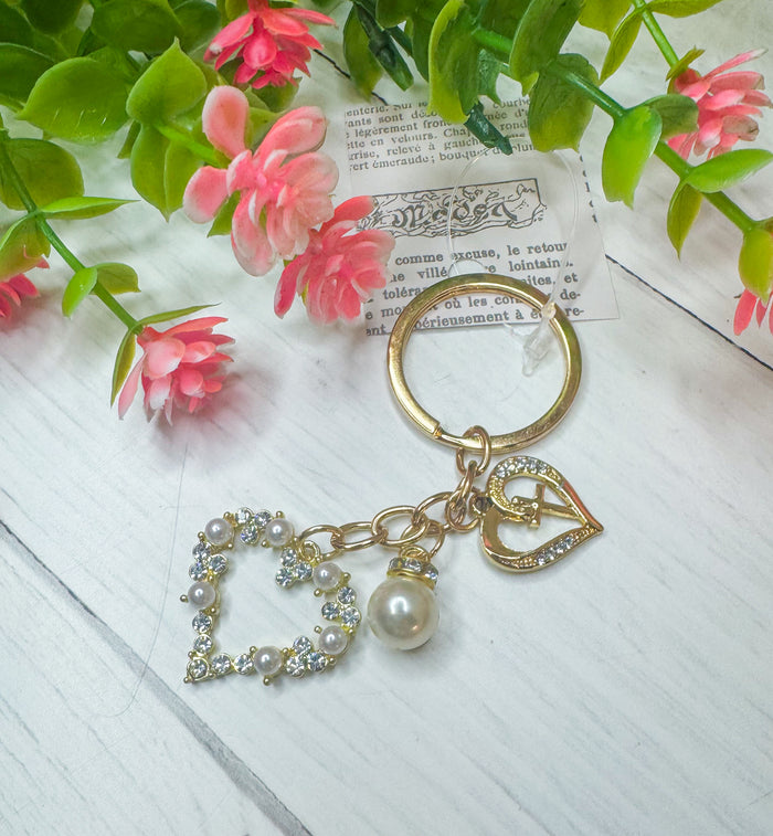 Full of Love Hearts & Pearls Gold Keychain