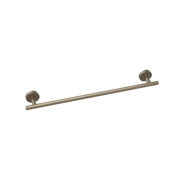 Bathroom towel bar with brushed brass finish on a white background