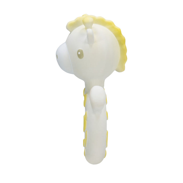 Side view of Jackie the Giraffe Natural Rubber Teething Ring in a white and yellow giraffe shape with a handle; featuring a simple, cute design with round eyes and a textured mane, making it an ideal sensory development toy.