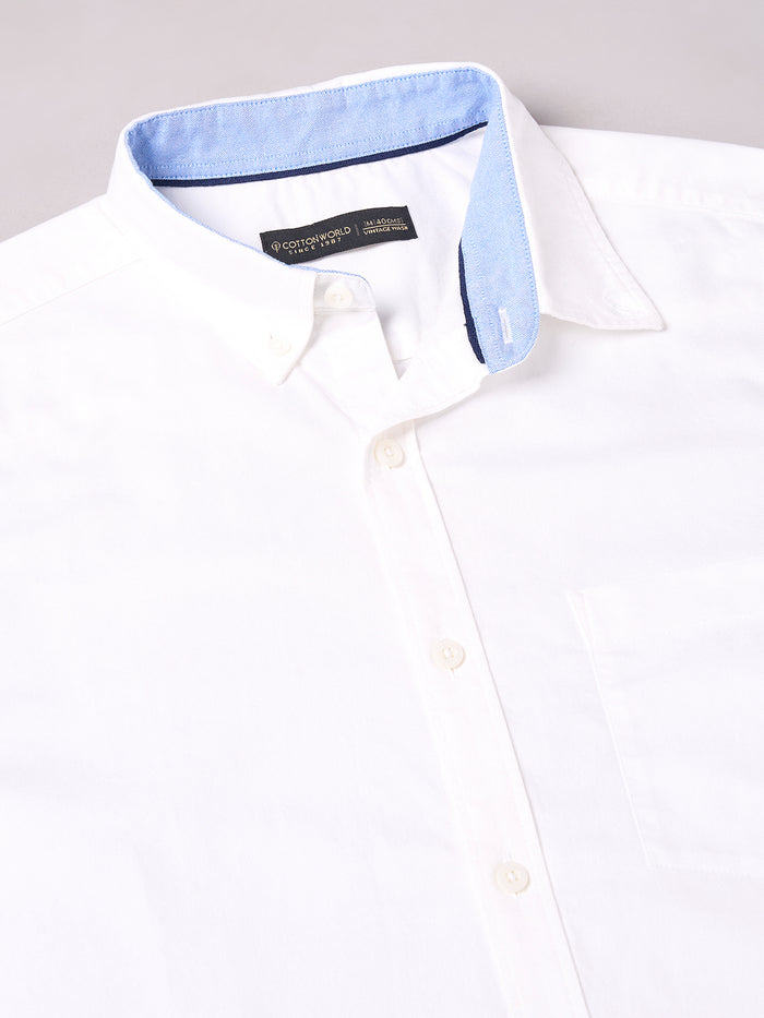 Men's 100% Cotton Regular Fit Band Collar Short Sleeve Shirt White