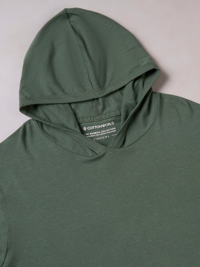 Men's Cotton Bamboo Elastane Full Sleeve Hooded Regular Fit Tshirt Olive