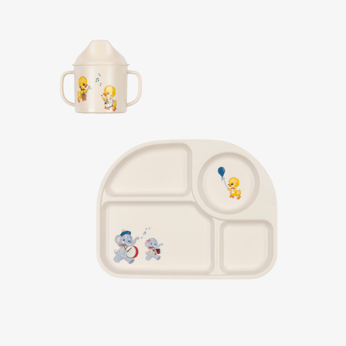 Children's plate and cup set with cartoon characters on a white background