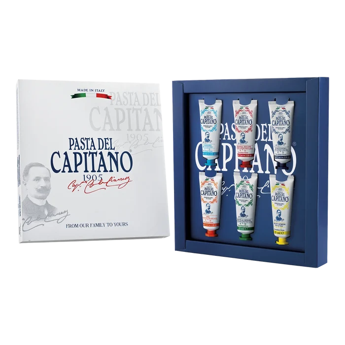 Pasta del Capitano 1905 tannkrem gavesett med seks varianter i hvit og fargeaccentert design