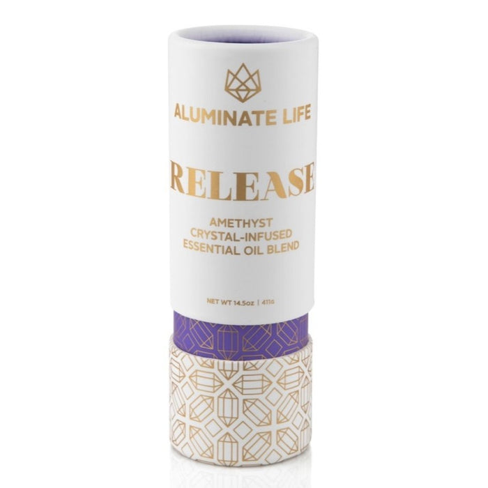 Packaging tube for Release Essential Oil Vial | Aluminate Life featuring amethyst crystal-infused essential oil blend, designed for wellness and body care.