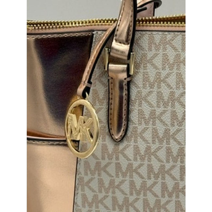 RETAIL $448 Michael Kors Charlotte Large Signature Logo Metallic Top-Zip Tote