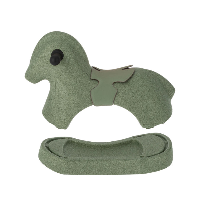 The Rock 'N Ride | Sage is a green horse-shaped 3-in-1 ride-on toy with a detachable rocker base, crafted from waterproof EPP foam, perfect for kids to sit and rock back and forth.
