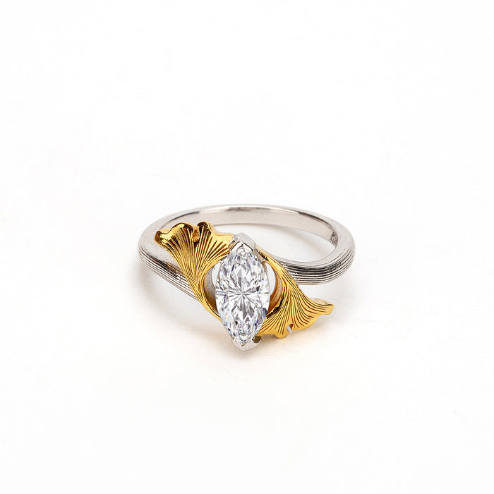 Silver and 18k Vermeil White Moissanite Alchemy Ginkgo Leaf Ring