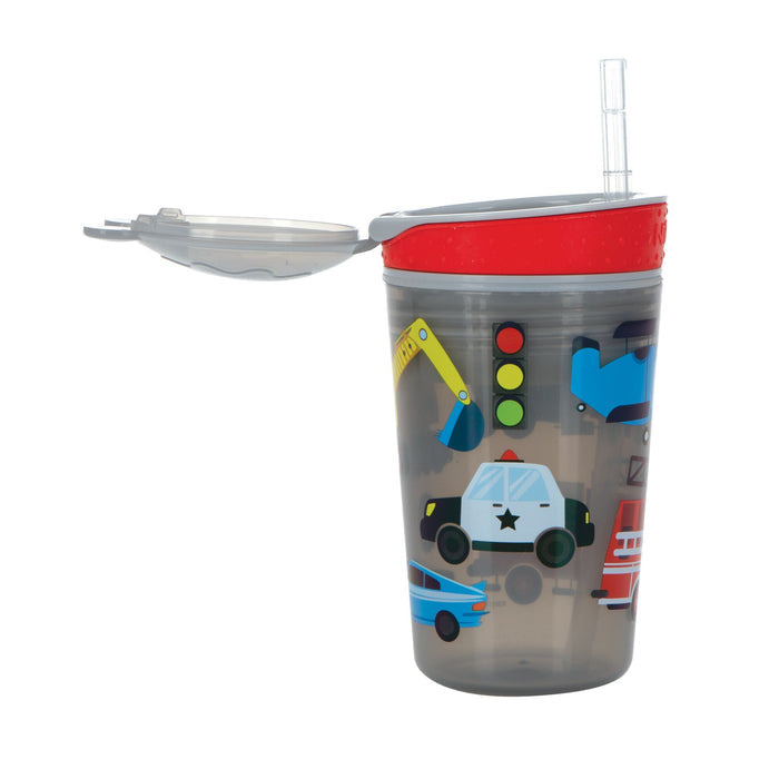 A gray Snack ’N Sip Cup from the Transportation & Monsters 2 Pack, featuring a flip-top lid, soft silicone straw, and decorated with colorful images of cars, a police car, a construction vehicle, and a traffic light.