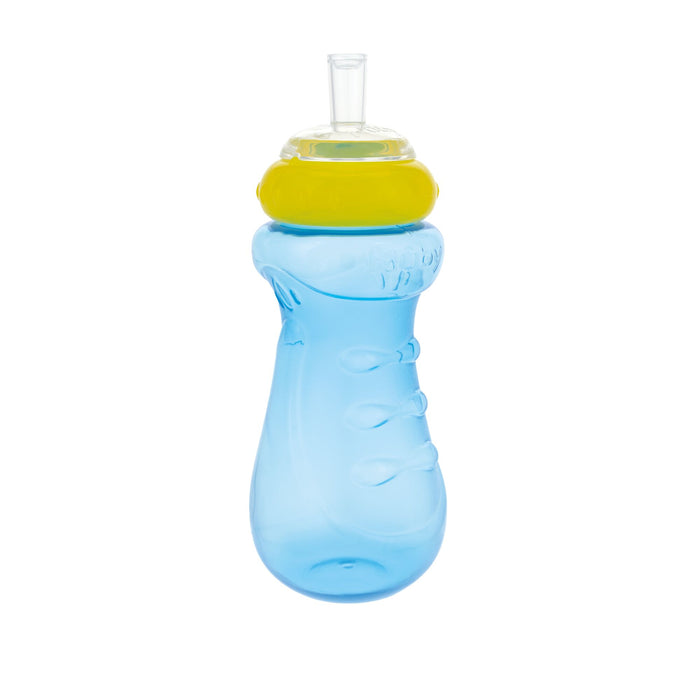 The Nuby Sports Sipper Cup (3 Pack) in pink, purple, and blue features a curved, easy-grip design, leak-proof plastic construction, yellow lid, and clear straw, shown against a plain white background.
