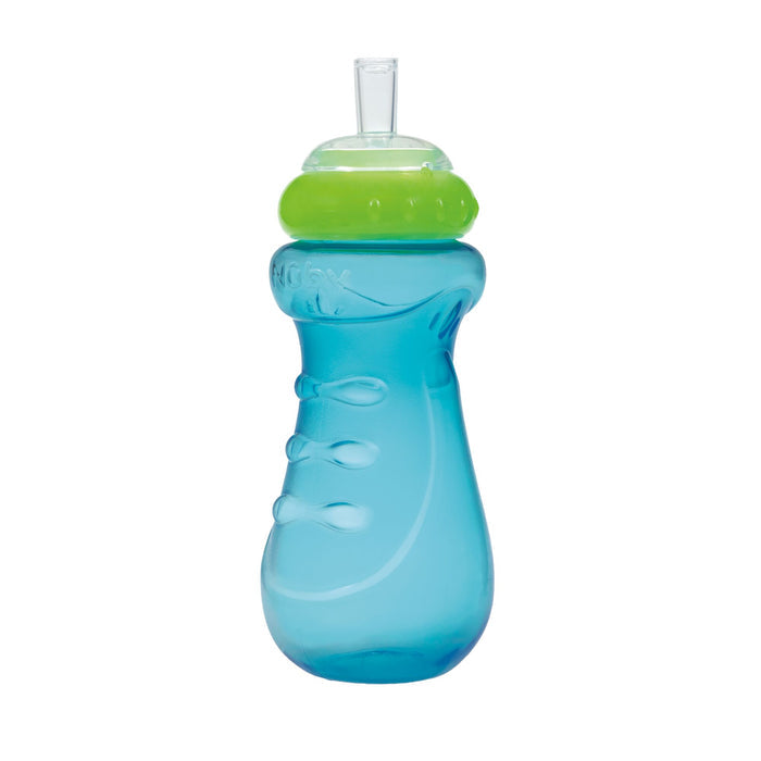 The Nuby Sports Sipper Cup (3 Pack) in Red, Blue, and Yellow features a curved ergonomic design, green rim, and transparent straw.