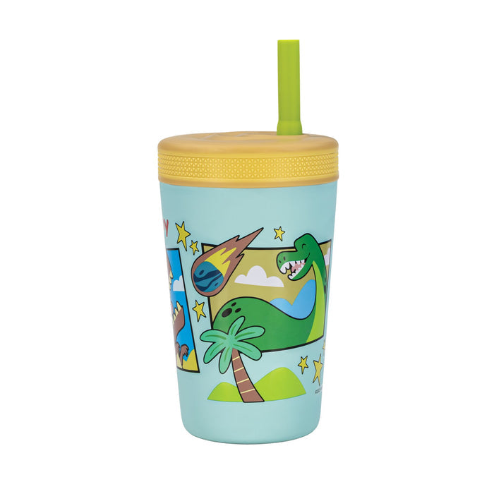 The Nuby Thirsty Kids Flexstraw Stainless Steel Cup | Dinosaurs is a blue, no-spill kids’ cup with a yellow lid and green straw, decorated with dinosaurs, palm trees, stars, and comets—ideal for keeping drinks cool on the go.