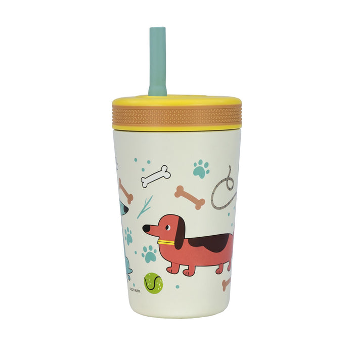 The Nuby Thirsty Kids Flexstraw Stainless Steel Cup | Dogs features white insulated stainless steel, a yellow lid, teal no-spill straw, and dachshund dog designs—perfect for kids’ cold drinks.