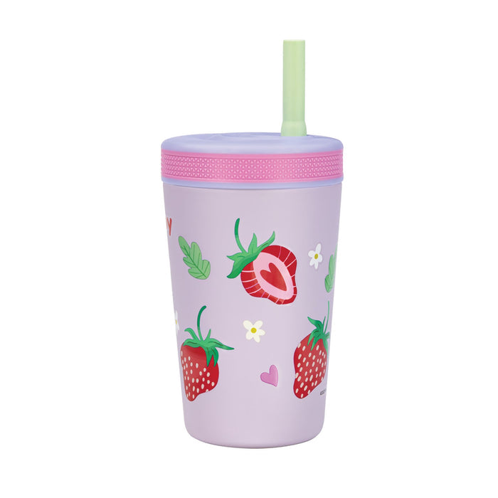The Nuby Thirsty Kids Flexstraw Stainless Steel Cup | Strawberries features lavender insulation, a pink lid, green no-spill straw, and is decorated with strawberries, white flowers, leaves, and pink hearts—perfect for kids' cold drinks.