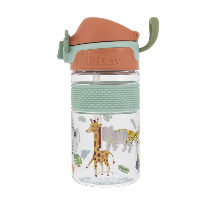 The Thirsty Kids Flip-It BOLT Water Bottle | Safari by Nuby US features a clear bottle with a green grip, brown lid, and safari animal designs. Its no-spill cup has a silicone spout for easy sipping, and the brand is embossed on top.