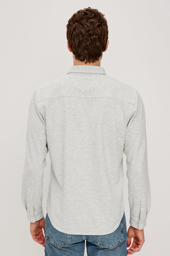 Vincent Button Front Collared Shirt in Viscose Blend With Single Chest Pocket and Long Sleeves in Heather Grey Colorway - Upper Body Back View Featured on Model