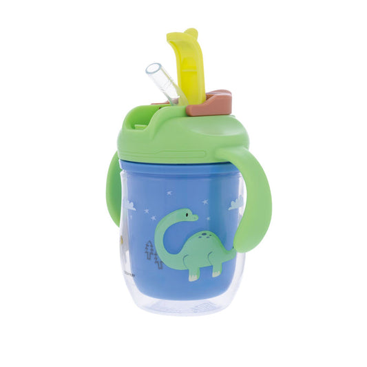 The Nuby 2-in-1 Insulated Toddler Cup | Dinosaurs is a blue sippy cup with green handles, a dinosaur print, flip-up yellow straw, 360° weighted design, transparent lid, and is perfect for kids.