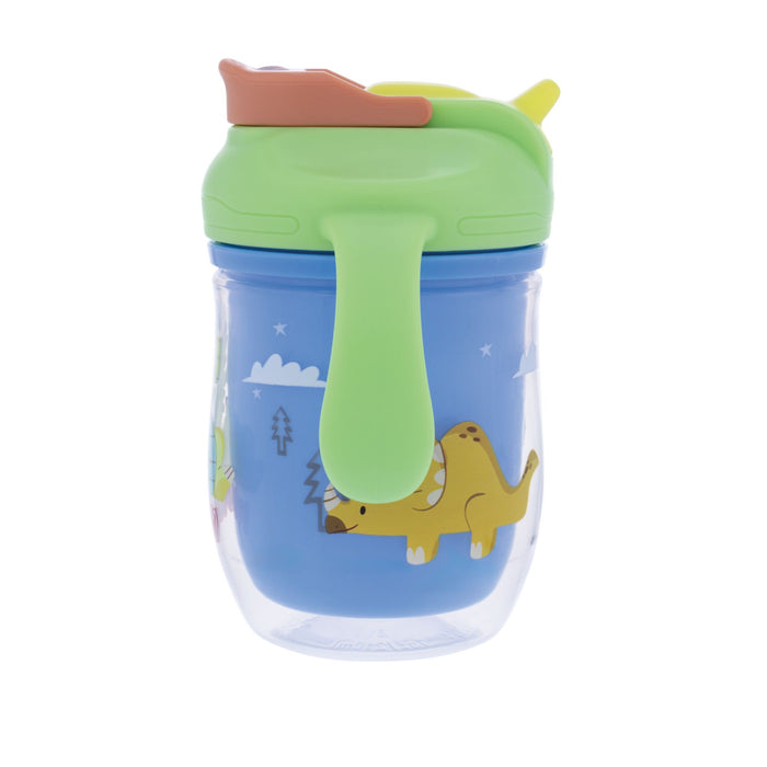The Nuby 2-in-1 Insulated Toddler Cup | Dinosaurs features blue and green colors, handles, a yellow dinosaur graphic, a flip-top lid, and a 360° weighted straw, shown on a white background.