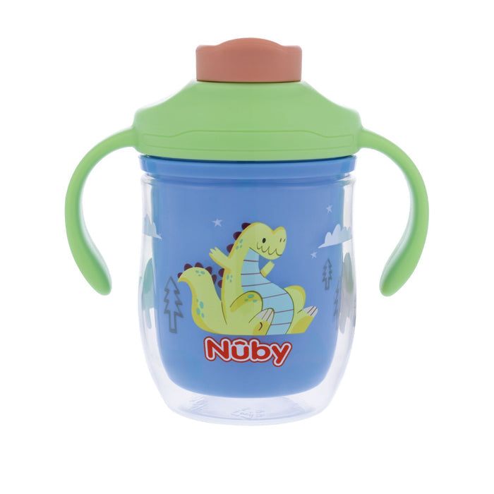 The Nuby 2-in-1 Insulated Toddler Cup | Dinosaurs is a blue cup with green handles, a pink lid, and fun dinosaur, tree, and cloud designs. It features a 360° weighted straw for easy drinking from any angle.
