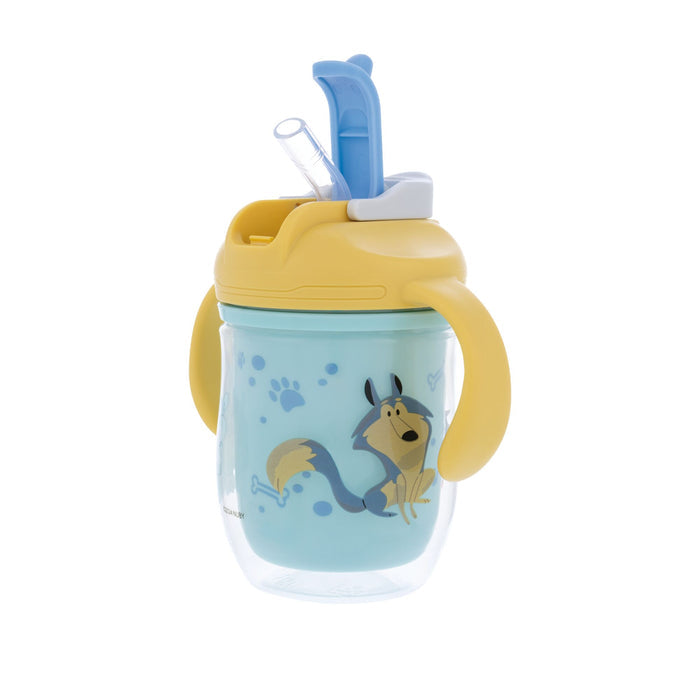 The Nuby 2-in-1 Insulated Toddler Cup | Dogs features easy grip handles, a flip-up straw, and a blue and yellow design with cartoon dogs and blue paw prints on the side.