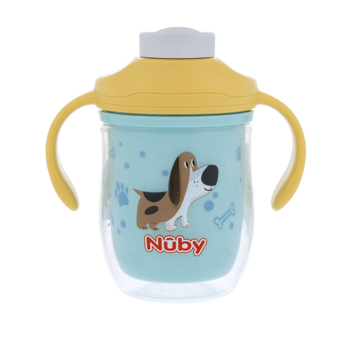 The Nuby 2-in-1 Insulated Toddler Cup | Dogs features easy-grip handles, a yellow lid, and clear sides with cartoon dogs, blue paw prints, and bones. "Nuby" is printed in red on the front.