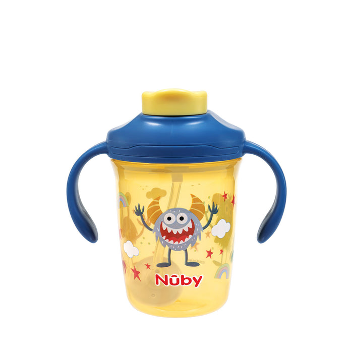 Nuby 2-in-1 Toddler Cup (2 Pack) in Tractors & Monsters designs features a blue lid, handles, cheerful monster print, and a weighted straw for easy sipping at any angle.