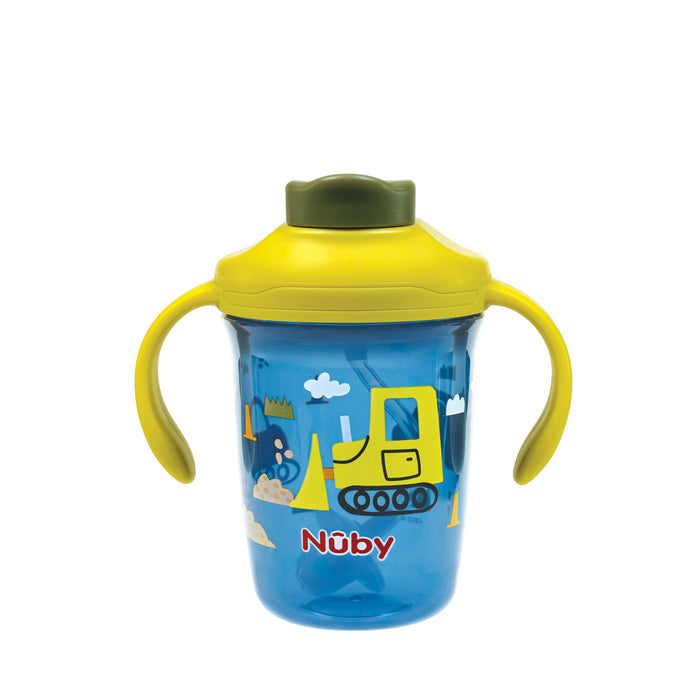 The Nuby 2-in-1 Toddler Cup (2 Pack) | Tractors & Monsters features yellow handles, a weighted straw for easy sipping at any angle, and playful tractor and construction-themed designs.