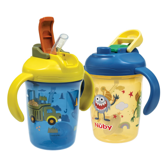 The Nuby 2-in-1 Toddler Cup (2 Pack) features fun Tractors & Monsters designs, flip-top lids, attached weighted straws, and easy-grip handles—perfect for little hands.