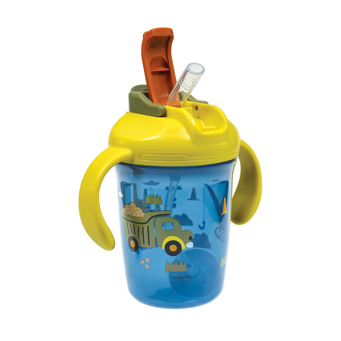 The Nuby 2-in-1 Toddler Cup (2 Pack) in Tractors & Monsters features bright designs, easy-grip handles, a brown flip-top lid, and a clear weighted straw for easy sipping—perfect for toddlers.