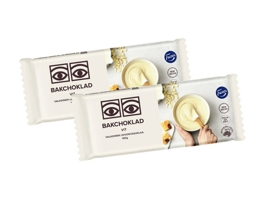 2 x Fazer Ögon Bakchoklad Vit 100g – Swedish white baking chocolate bars with iconic eye logo, palm oil free, 100% responsibly sourced cocoa, made by Fazer
