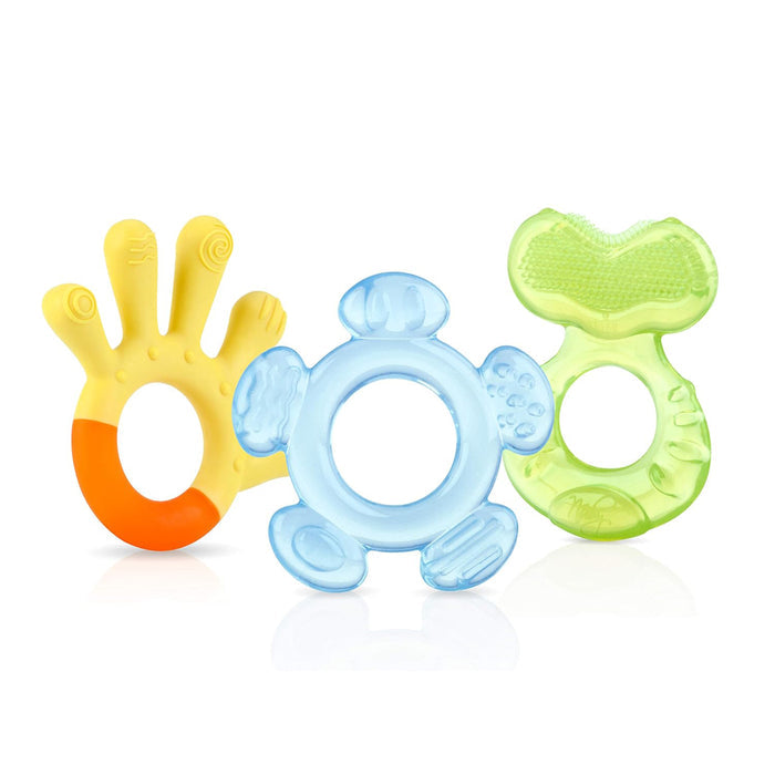 The 3 Step Baby Teether Set includes three colorful teething toys: a yellow silicone hand-shaped teether with an orange tip, a blue crab-shaped teether, and a green textured piece, all displayed upright on a white background.