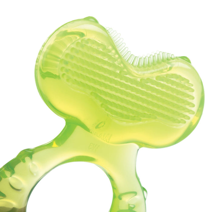 A close-up of the 3 Step Baby Teether Set shows a green, translucent silicone teether featuring a round handle and textured surface with raised bumps and ridges designed to soothe babies' gums.