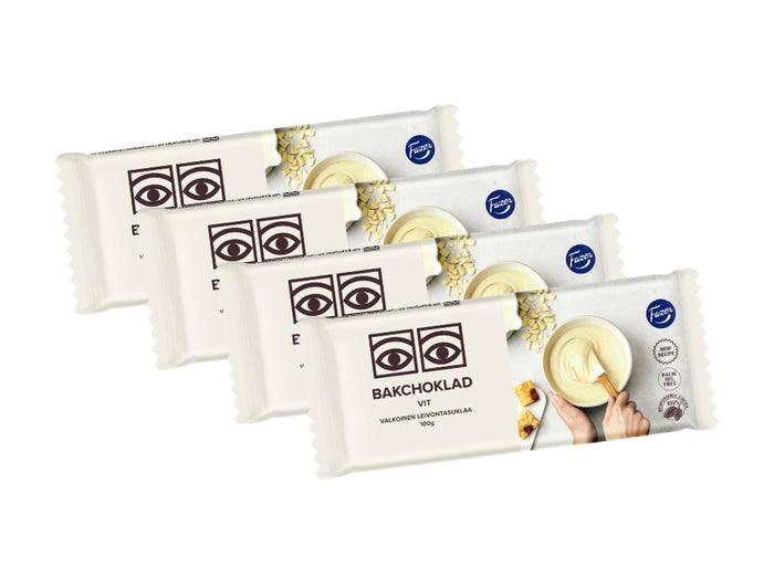 4 x Fazer Ögon Bakchoklad Vit 100g – Swedish white baking chocolate bars with iconic eye logo, palm oil free, 100% responsibly sourced cocoa, made by Fazer