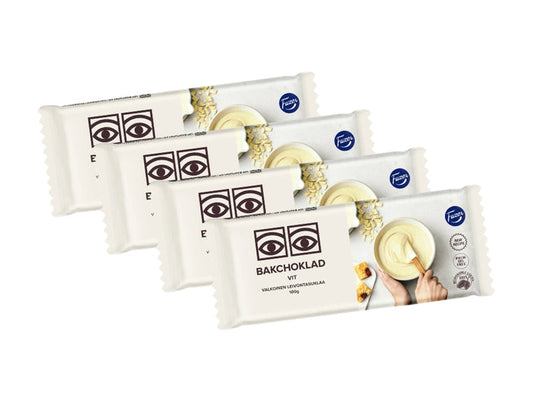 4 x Fazer Ögon Bakchoklad Vit 100g – Swedish white baking chocolate bars with iconic eye logo, palm oil free, 100% responsibly sourced cocoa, made by Fazer