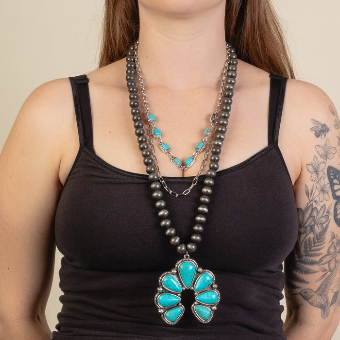 92214 - Layered Squash Blossom Necklace - Turquoise & Silver