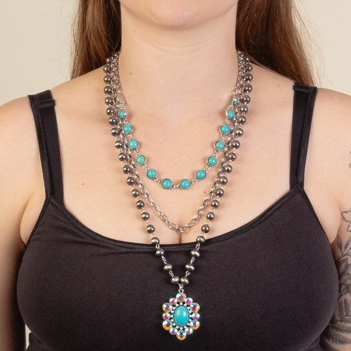 92230 - Layered Squash Blossom Necklace - Turquoise & Silver